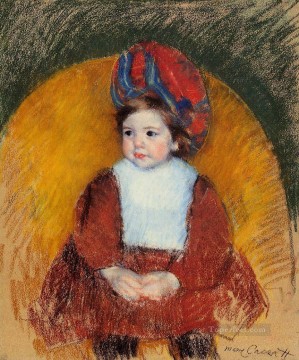 Child Painting - Margot in a Dark Red Costume Seated on a Round Backed Chair impressionism mothers children Mary Cassatt